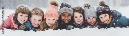 Snow piled up, group of kids wrapped up in warm clothes hugging outdoors in winter, low point of view, seven people - Generative AI photo