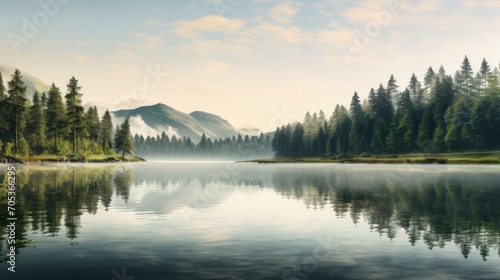 A morning reflection of lush trees on a still lake AI generated