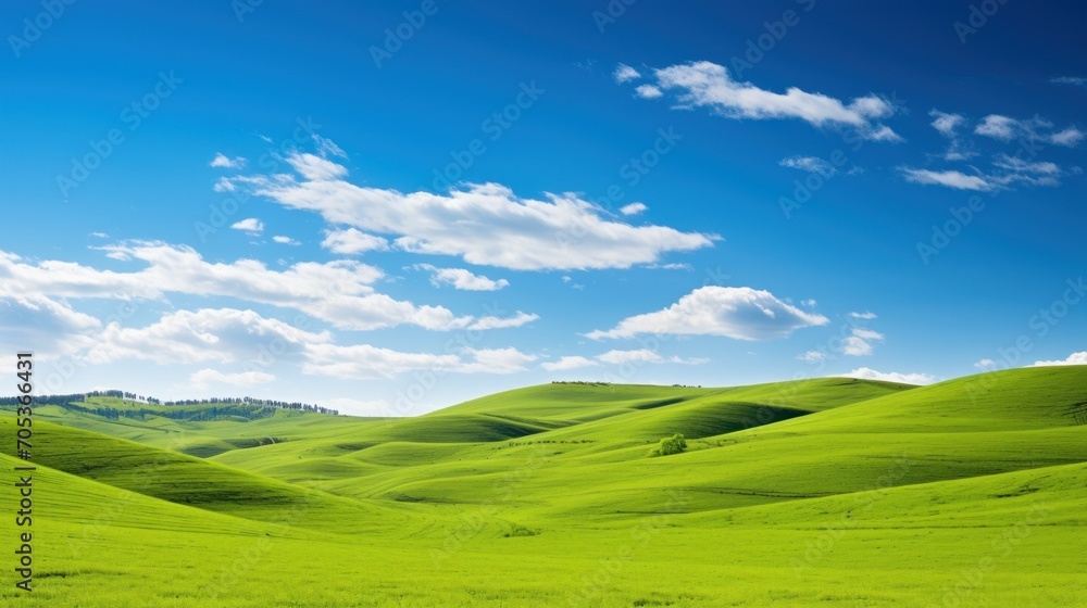 A panoramic view of rolling green hills under a clear blue sky  AI generated