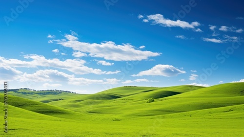 A panoramic view of rolling green hills under a clear blue sky AI generated