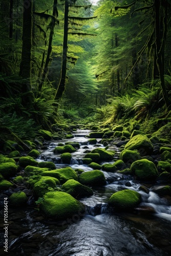 A peaceful stream flowing gently across a mossy forest floor AI generated