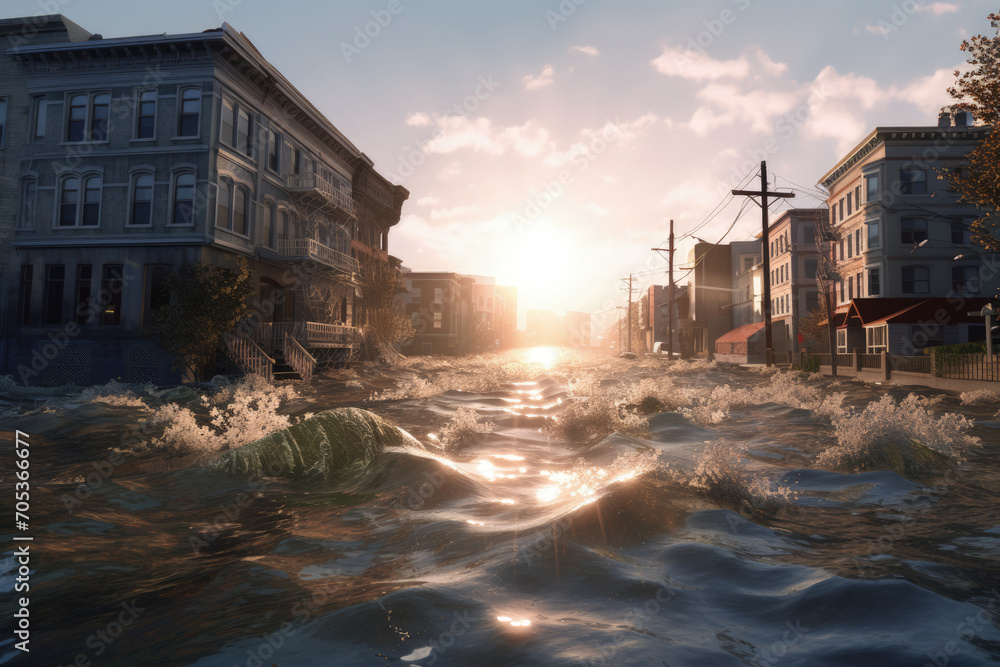 City with Partially Submerged Buildings and Flooded Streets, Sea Level ...