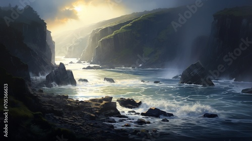 an artistic representation of a coastal inlet with a dramatic play of light and shadows