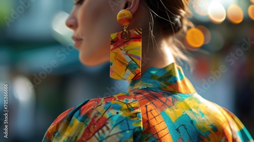 Artsy and Eclectic Showcase your creativity with a pair of handpainted 3D printed dangly earrings, a vibrant abstract print moisturewicking top, and flowy smart fabric pants with a mosaicinspired