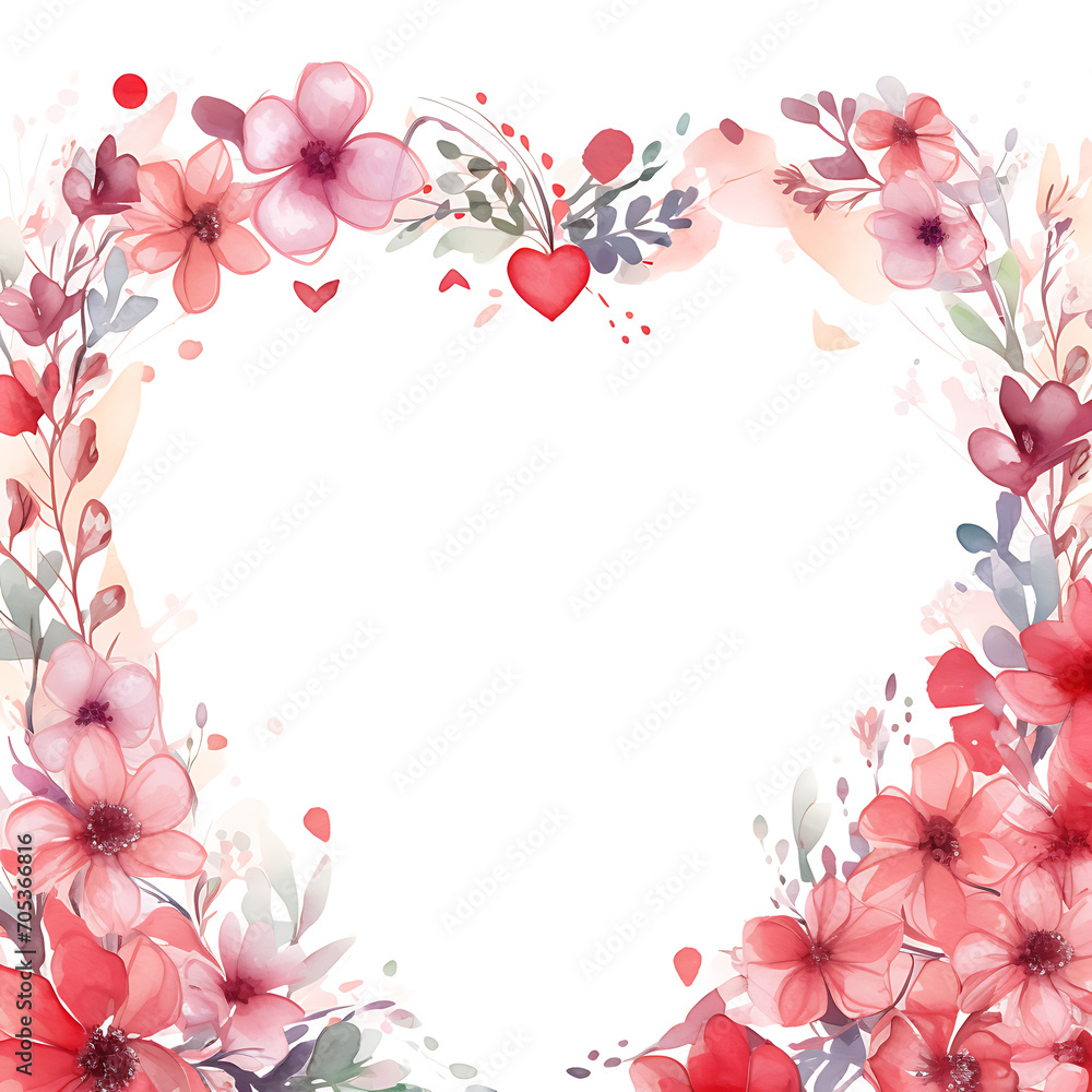 Corações e flores em aquarela formando uma moldura de amor Corações e flores em aquarela formando uma moldura de amor