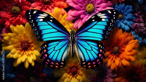 A vibrant colorful butterfly delicately perched on a blooming flower AI generated
