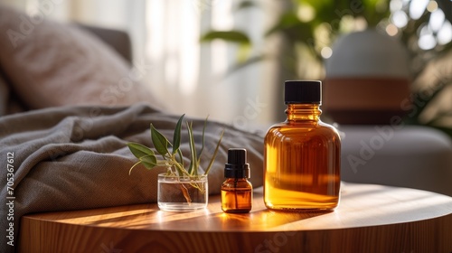 An amber bottle of essential oil on a side table AI generated