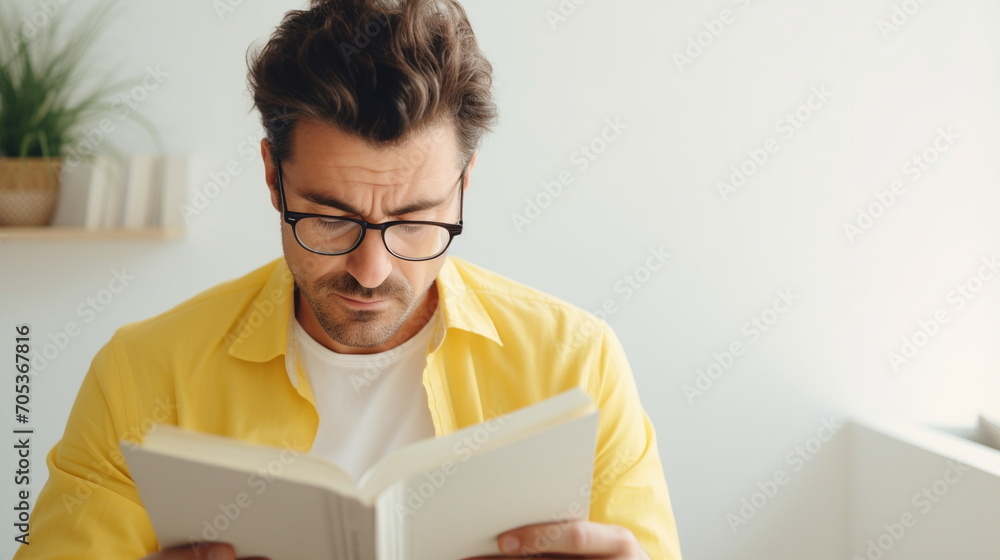 Man wearing yellow reading a book with white background with cinematic light. copy space - Generative AI Man wearing yellow reading a book with white background with cinematic light. copy space - Generative AI