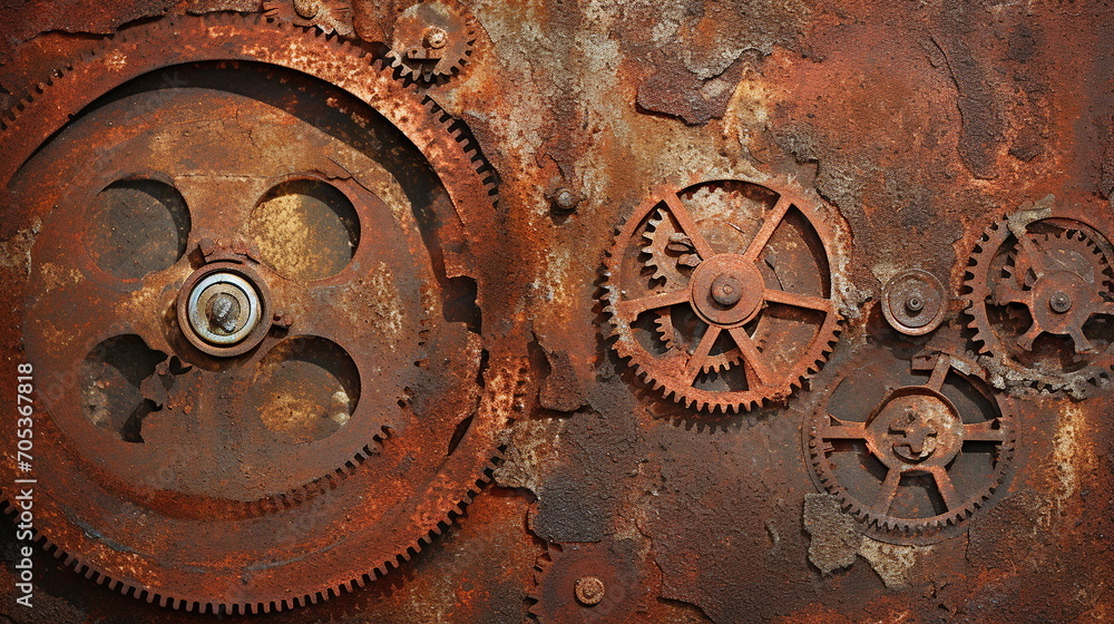 Rusty and corroded metal machinery or iron wall background. Peeling paint. Faded red. Close up. Generative AI Rusty and corroded metal machinery or iron wall background. Peeling paint. Faded red. Close up. Generative AI