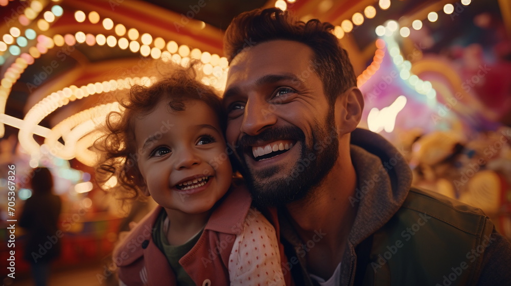A night when the lights of the rides sparkle. A father and his young daughter smiling brightly and having fun in front of the amusement ride. Close up. Generative AI A night when the lights of the rides sparkle. A father and his young daughter smiling brightly and having fun in front of the amusement ride. Close up. Generative AI