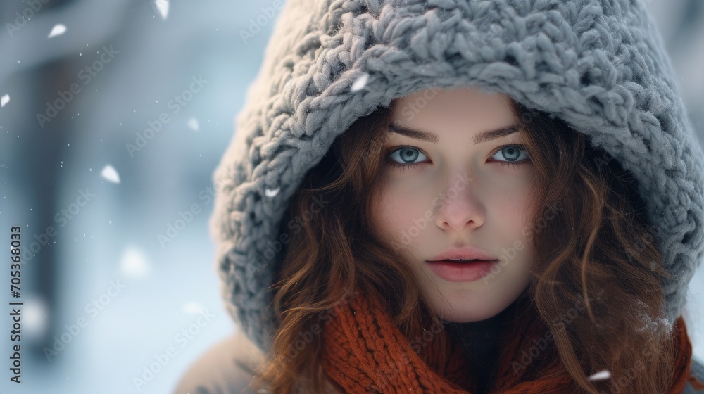 Beautiful winter portrait of young woman in the snowy scenery  AI generated
