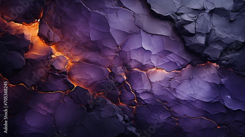 Dark purple abstract texture background. Orange light flows through cracks in the rock wall. Generative AI
