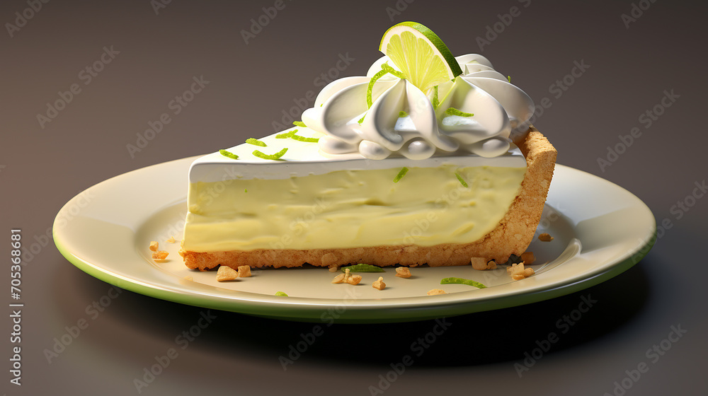 A zesty key lime pie with a realistic whipped cream topping, ideal for a Floridian cafe 3d rendered - obrazy, fototapety, plakaty 