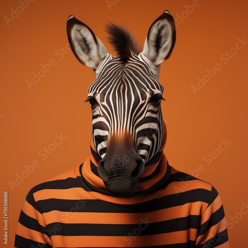 a zebra wearing a striped sweater on an. orange background 