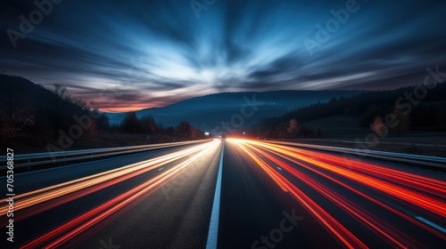 Car lights streaking down a highway at night AI generated