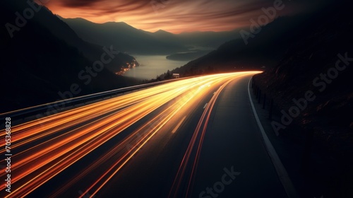 Car lights streaking down a highway at night  AI generated photo