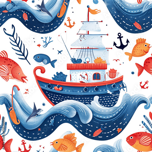 seamless pattern of cute with a fishing boat - 1 © Benjaporn
