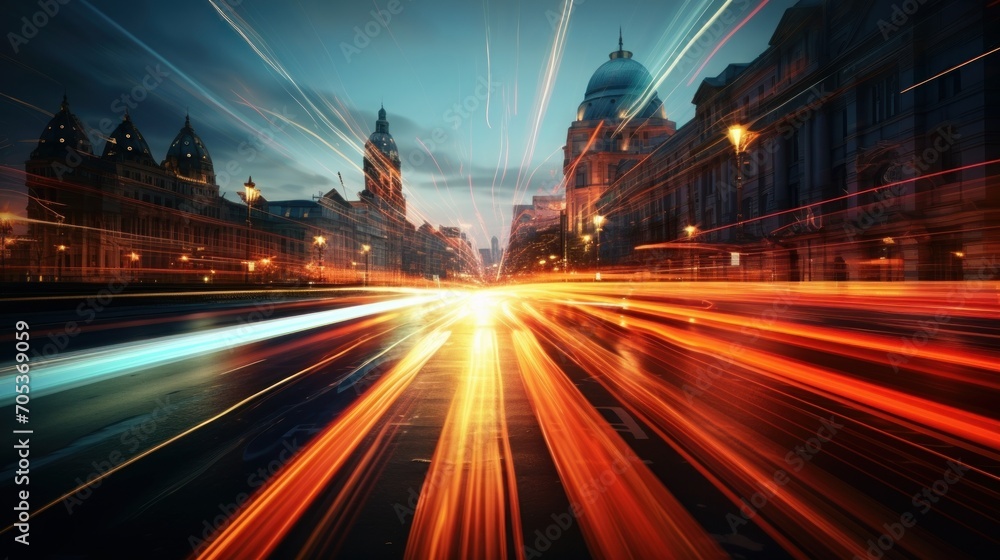 Citylights streaks blurred by the speed of a moving car  AI generated