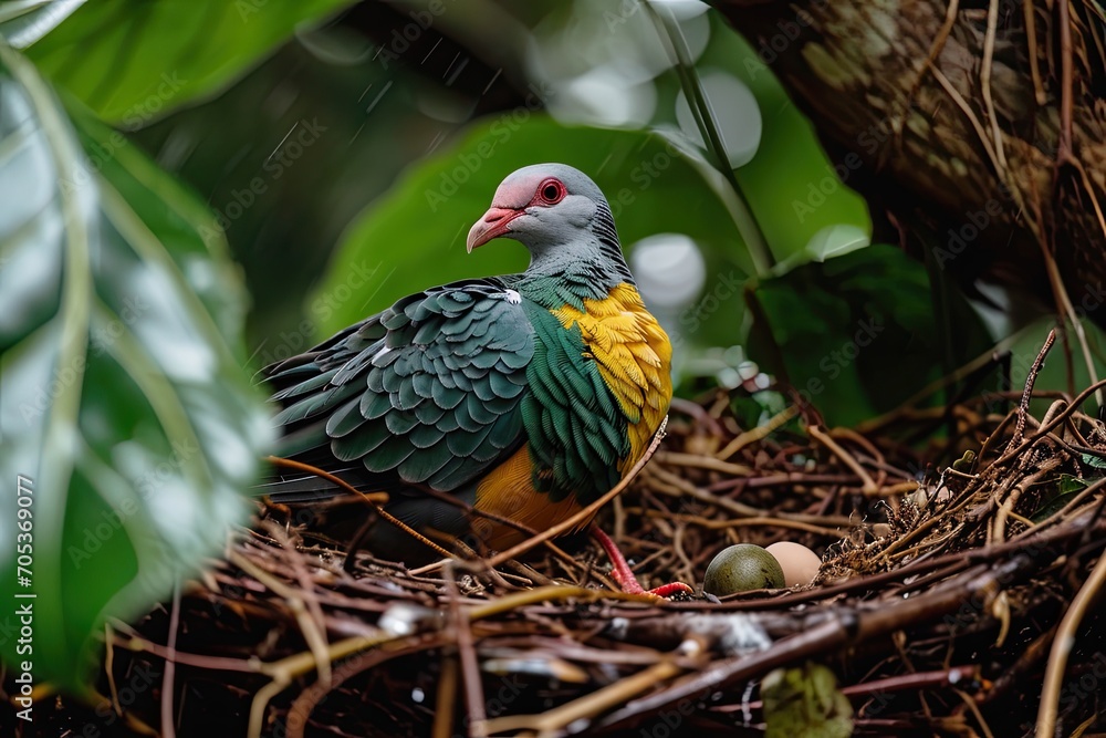 Obraz premium Side view of the Fruit Dove guarding the nest AI Generative