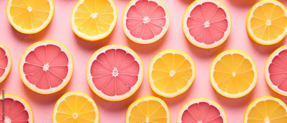 Uniform pattern of dried lemon slices with shadow on a pink background. Flat lay - Generative AI