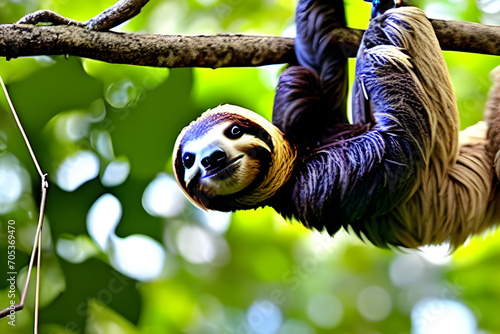 a sloth hanging from a tree.Generative AI
