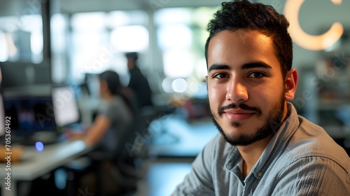 A smiling young man in a grey shirt sits comfortably in a vibrant coworking space, exuding friendliness.