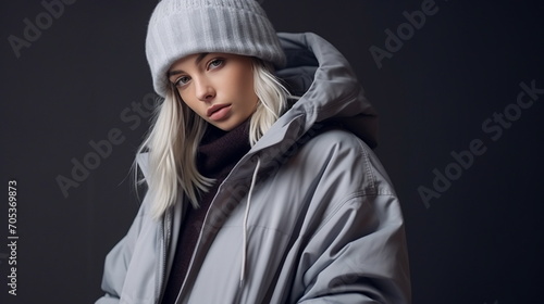 A blonde female fashion model wearing a gray beanie. Winter clothing concept studio model photo. Close up. Generative AI