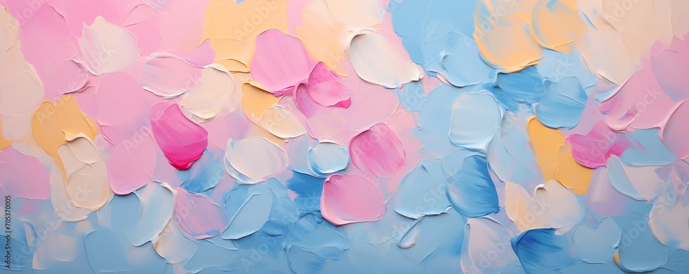 Beautiful trendy floral impressionist background. Pastel pink rose petals banner for wedding, Valentine wallpaper. Red, blue, yellow rose flower art illustration on blue abstract backdrop by Vita - obrazy, fototapety, plakaty 