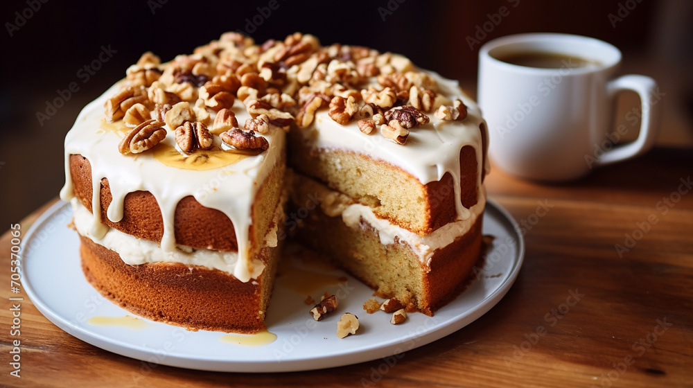 banana nut cake in a casual indoor cafe moist cake with crunchy walnuts on wooden table banana nut cake in a casual indoor cafe moist cake with crunchy walnuts on wooden table