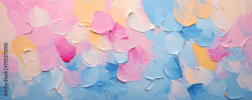 Beautiful trendy floral impressionist background. Pastel pink rose petals banner for wedding, Valentine wallpaper. Red, blue, yellow rose flower art illustration on blue abstract backdrop by Vita photo
