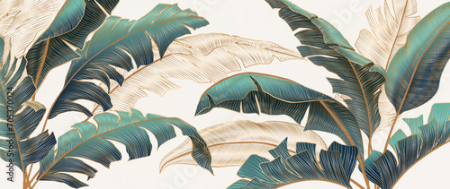 Luxury tropical art background with tropical palm leaves with golden line hand drawn elements. Botanical banner for decoration, print, textile, wallpaper, interior design.