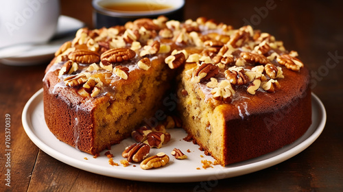 banana nut cake in a casual indoor cafe moist cake with crunchy walnuts is a comforting treat