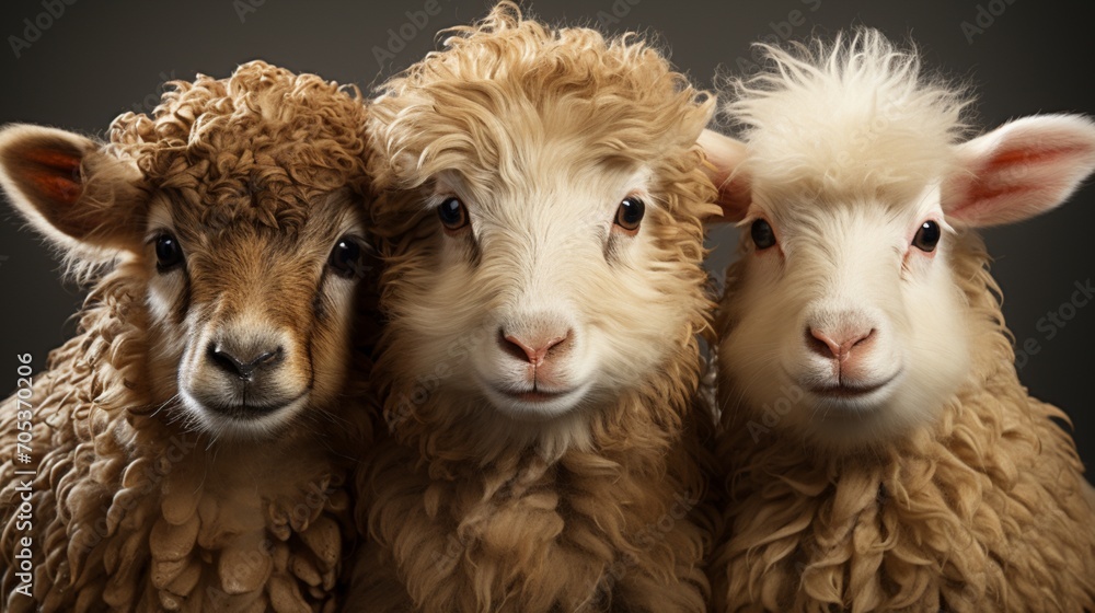 Fototapeta premium Sheep animal white wool triplet on meadow grassland