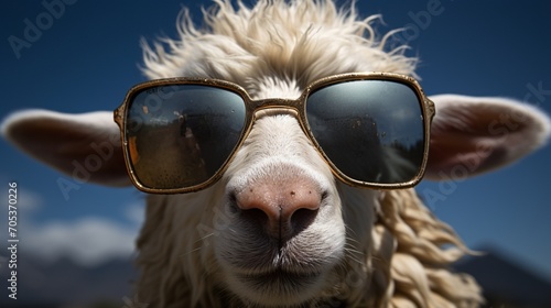 Sheep animal with sunglasses shocking expression on meadow