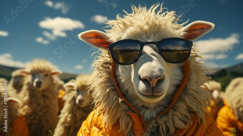 Sheep animal with sunglasses shocking expression on meadow