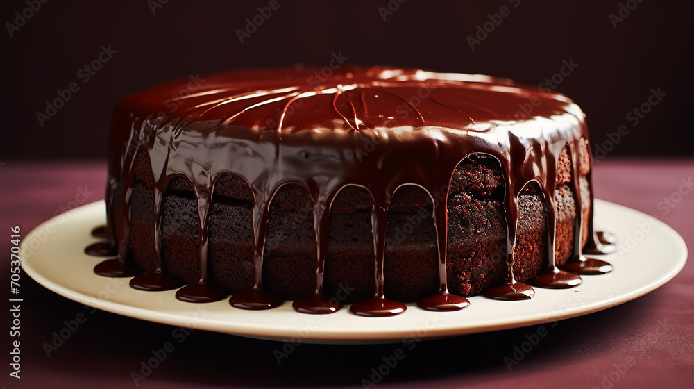 classic chocolate cake served indoors wit delicious dark chocolate served on white plate - obrazy, fototapety, plakaty 