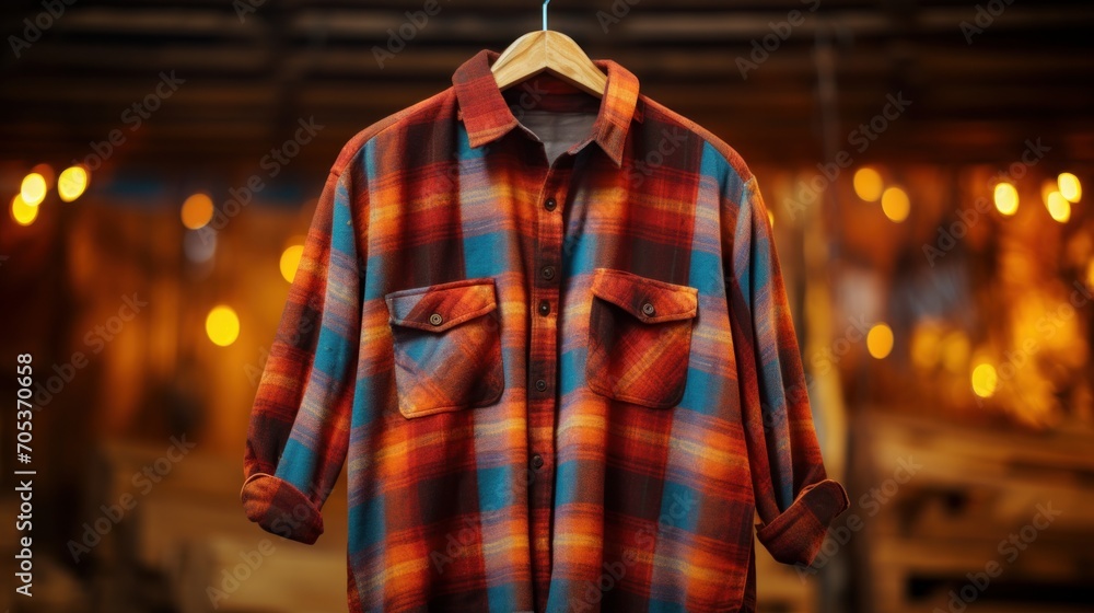 Close-up of a plaid flannel shirt on a hanger AI generated Close-up of a plaid flannel shirt on a hanger AI generated