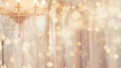 Elegant Chandelier in Soft Focus with Golden Bokeh Background, Horizontal Poster or Sign with Open Empty Copy Space for Text 