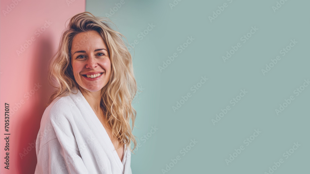 Blonde woman in bathrobes, female body care and pampering in hotel spa Blonde woman in bathrobes, female body care and pampering in hotel spa