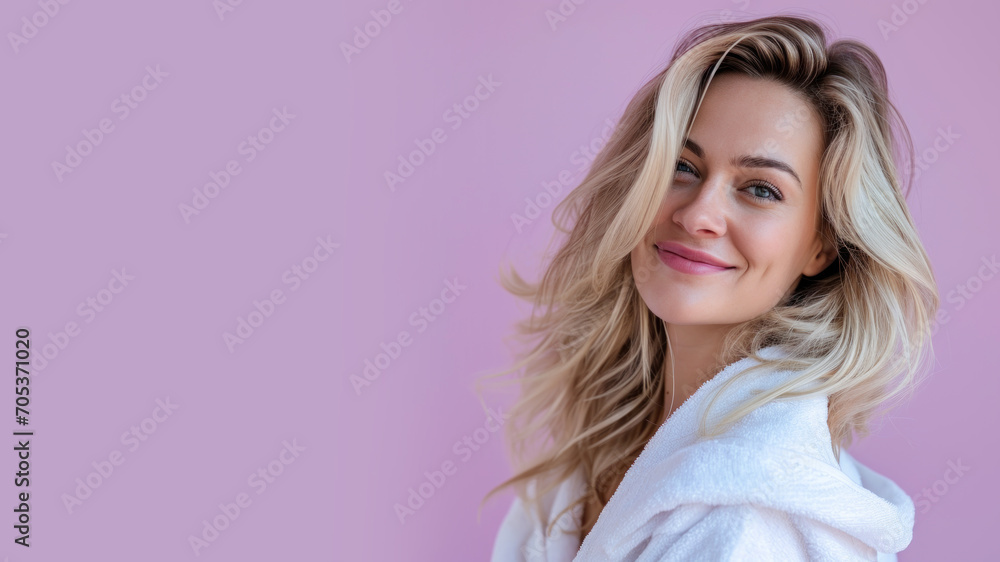 Blonde woman in bathrobes, female body care and pampering in hotel spa Blonde woman in bathrobes, female body care and pampering in hotel spa