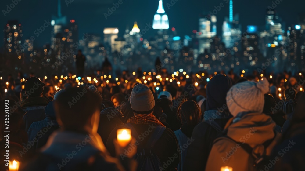 A moving scene during Earth Hour, where a diverse group of individuals gathers in candlelight - obrazy, fototapety, plakaty 