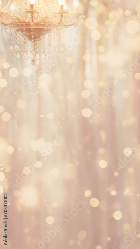 Elegant Chandelier in Soft Focus with Golden Bokeh Background - Vertical Poster or Sign with Open Empty Copy Space for Text 