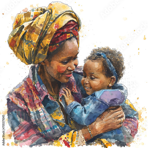 Illustration of an African woman holding a child  celebrating Black History Month and the Black Lives Matter movement.