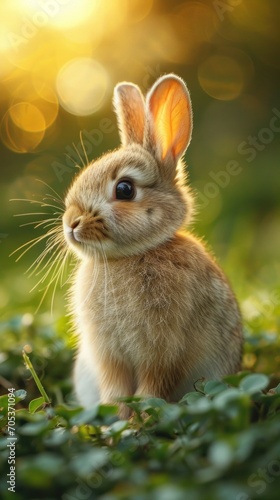 A cute little rabbit playing happily on the lawn