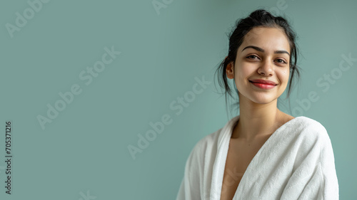 Indian woman in bathrobes, female body care and pampering in hotel spa