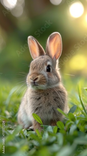 A cute little rabbit playing happily on the lawn