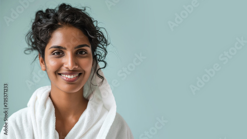 Indian woman in bathrobes, female body care and pampering in hotel spa