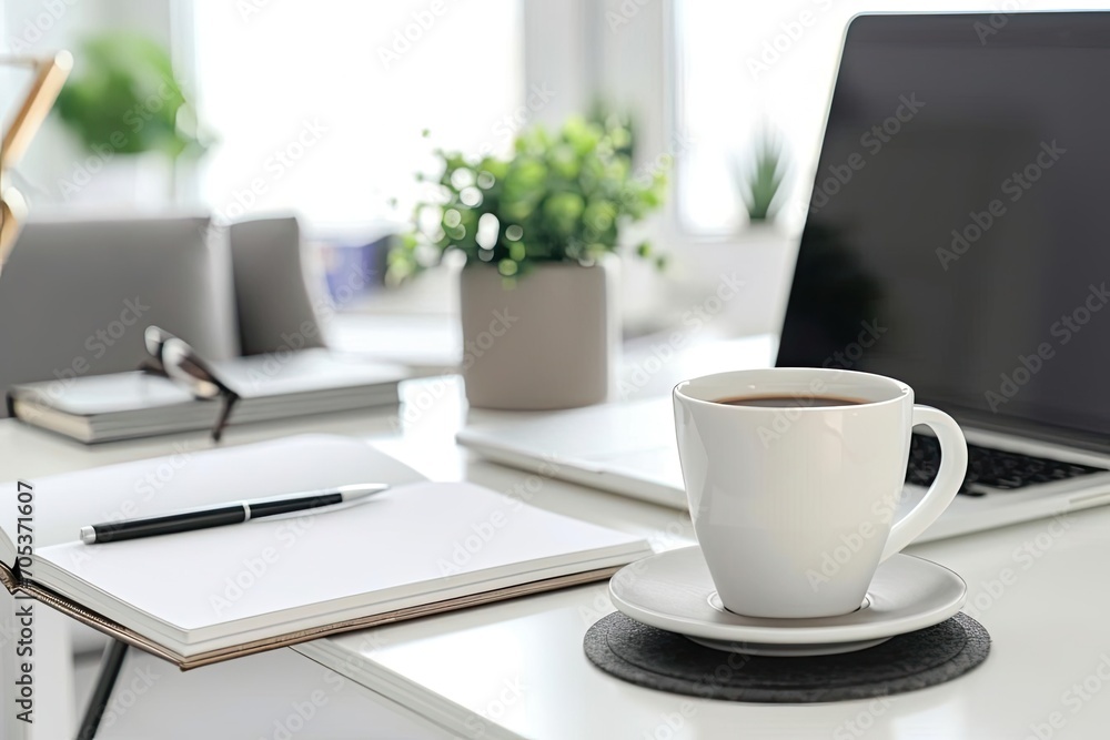 A modern Minimalist home office setup with a laptop Notebook And coffee cup on a clean white desk A modern Minimalist home office setup with a laptop Notebook And coffee cup on a clean white desk