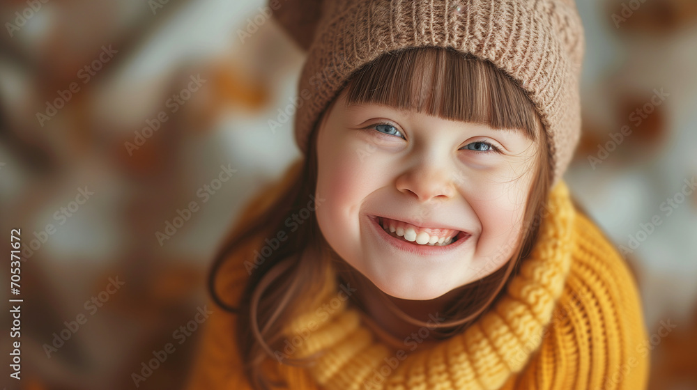 ニット帽を被ったダウン症の女の子がカメラ目線で笑っている写真、背景室内のボケ ニット帽を被ったダウン症の女の子がカメラ目線で笑っている写真、背景室内のボケ