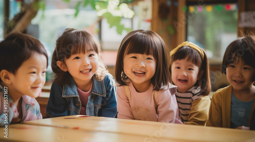 日本の幼稚園児5人が私服で机の周りに座って笑っている写真、窓から緑やガーランドが見えるナチュラルな内装の室内